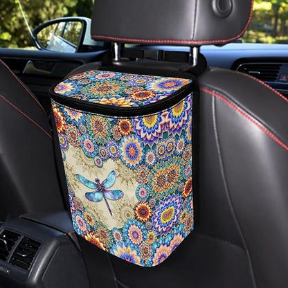 BIGCARJOB Lotus Dragonfly Car Trash Can Multipurpose Car Garbage Bin with Adjustable Straps,Women Trash Bags Can Organizer Storage for Front Back Seat Accessories