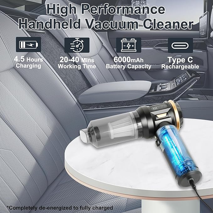 Handheld Car Vacuum Cleaner 17000Pa High Power, 3-In-1 Mini Car Vacuum Portable Cordless, 6000Mah Battery, 3-Speed Brushless Motor Powerful Handheld Vacuum Cordless with Led Light 3 for Home, Pet Hair