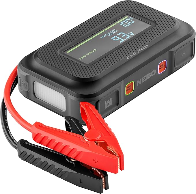 NEBO Assist 2000A Jump Starter | 2000 Peak Amps, Portable Battery Booster Pack for 12V Vehicles, Spark-Proof, USB-C Rechargeable Power Bank, LED Emergency Light, Compact 3-in-1 Roadside Kit