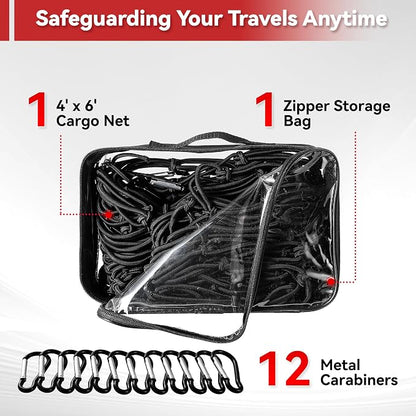 Reniteco Heavy-Duty 4'x6' Cargo Net Stretches to 8'x12' - Secures Heavy Loads with 12 Metal Carabiners, 4"x4" Mesh, Weather-Resistant & Includes Storage Bag for Trucks, SUVs, Jeeps, Trailers & Boats