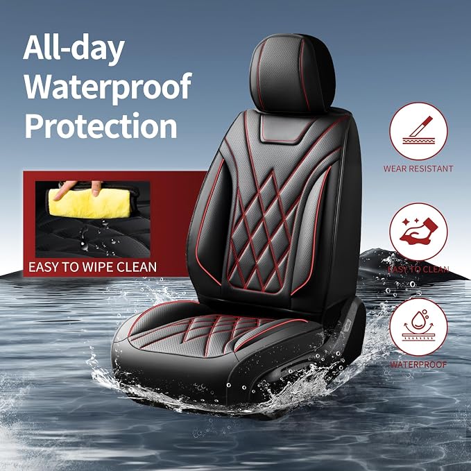 Fit Santa Fe Car Seat Covers for Hyundai Santa Fe 2009-2025 2026 - Luxury Leather, Anti-Slip, All-Weather, Waterproof & Breathable, Airbag Compatible, 2 Front Seats Only (Redline)
