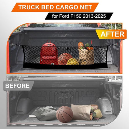 Truck Bed Cargo Net for Ford F150 2015-2024 2025, Envelope Style Pickup Cargo Net with Storage Bag, Heavy Duty Elastic Mesh Organizer with Carabiners, Secures Groceries & Gear