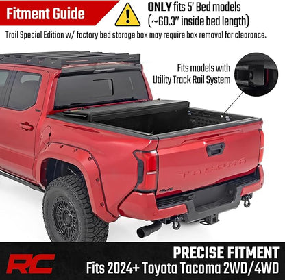 Rough Country Hard Tri-Fold Flip Up Tonneau Cover for Toyota Tacoma (2024-2026) - Flush Aluminum Bed Cover, Fits 5' Bed w/Utility Rail System