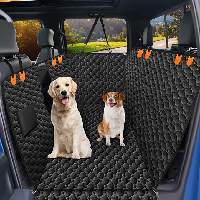 Mancro Dog Hammock for Truck with Flip Up Rear Seats, Waterproof Dog Back Seat Cover with Mesh Window Heavy Duty Back Seat Cover for Dogs, Compatible with F150, Chevy Silverado Matte Orange