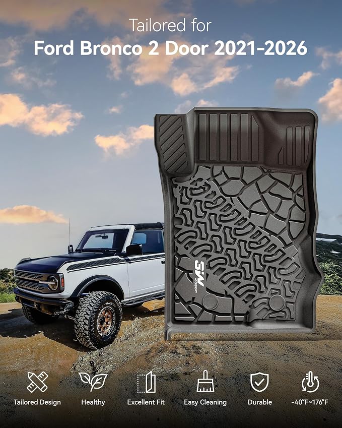 3W Floor Mats & Cargo Liner Fit for 2021-2025 2026 Ford Bronco 2 Door All Weather TPE Car Accessories Custom Fit Floor Liner and Full Set Car Mats (Not for Bronco Sport & Rubberized Floor)