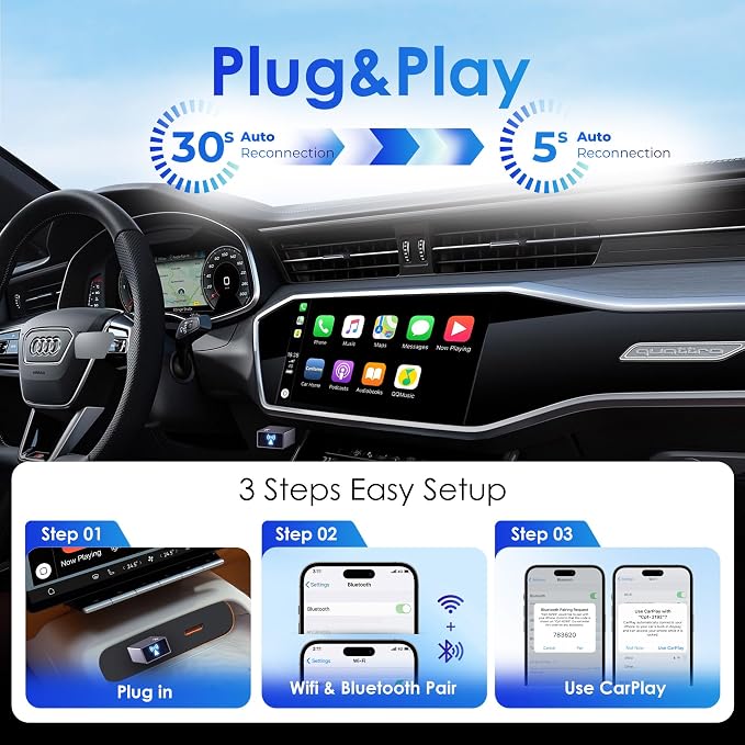 Wireless CarPlay Adapter for Apple iPhone, Convert Wired to Wireless Mini USB Bluetooth Car Play Adapter with Stable 5.8GHz Wi-Fi Plug & Play - Compatible with Cars 2016+ and iOS 10+