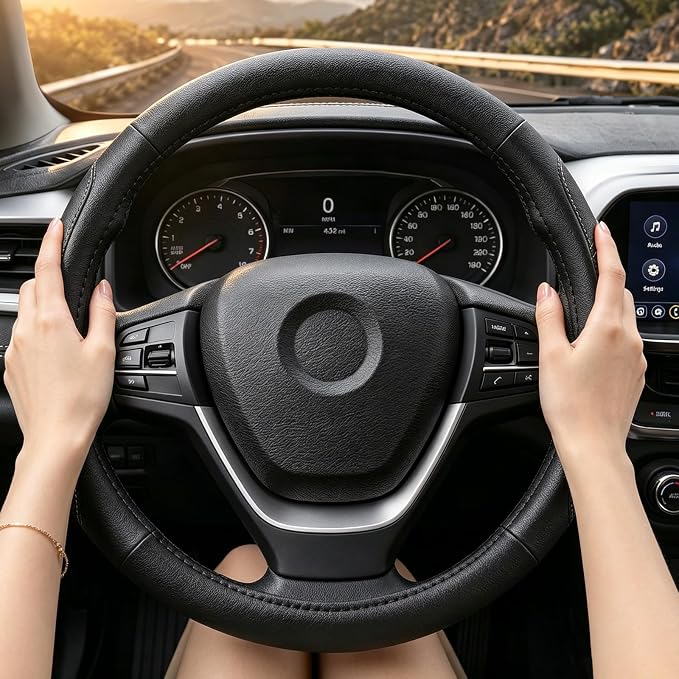 Black Line Punching Car Steering Wheel Cover, Microfiber Leather Sports, 14.5-15 in Universal Leather Wheel Covers, Breathable Fashion Anti-Slip, Steering Wheels Accessories for Men Women