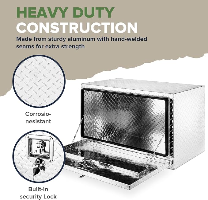 ARKSEN 30 x 17 x 18 Inch Underbody Tool Box, Heavy Duty Aluminum Diamond Plate Waterproof Square Storage Organizer Chest with T-Handle Lock & Keys for Pickup Truck, RV & Trailer – Silver