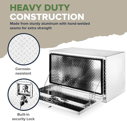 ARKSEN 30 x 17 x 18 Inch Underbody Tool Box, Heavy Duty Aluminum Diamond Plate Waterproof Square Storage Organizer Chest with T-Handle Lock & Keys for Pickup Truck, RV & Trailer – Silver