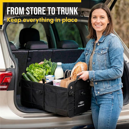 2-Section Trunk Organizer Foldable Car Storage Bin – Compact Dual-Compartment Auto Organizer with Cover Net, Non-Slip Pads, Heavy Duty Oxford 1680D – Black