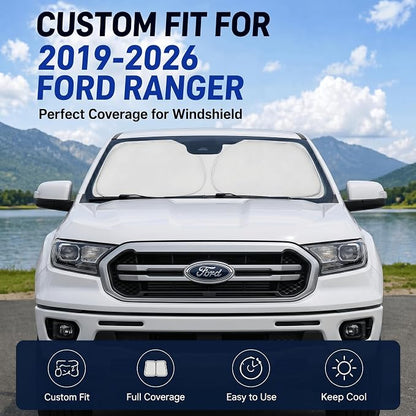 Custom Fit Windshield Sun Shade for Ford Ranger 2019-2026 | Custom Fit Windshield Cover, Blocks UV Rays, Double-Layer Heat Shield, Durable Frame, Easy Fold & Storage
