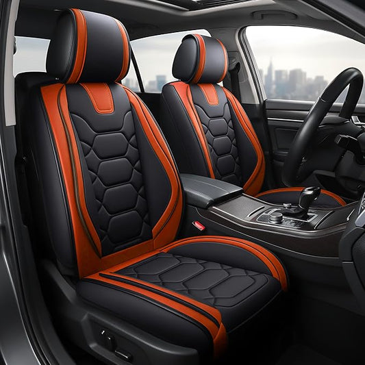 OASIS AUTO Car Seat Covers Front Seats, Sporty Honeycomb Waterproof Faux Leather Protectors, Universal Fit for SUV, Sedan, Truck Interior Accessories (OS-004 Black&Orange)