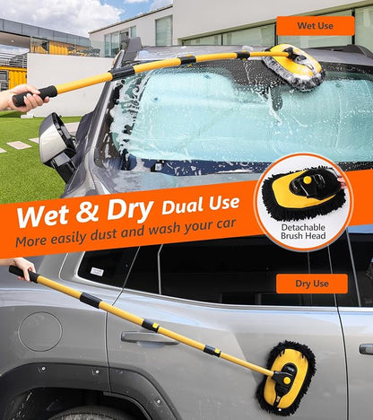 EVERRUSH 56.7" Car Wash Brush Mop Kit Microfiber Car Washing Sponge Mitt with Long Handle Car Cleaning Supplies Tools RV Washing Duster Exterior Scratch Free, Chenille Replacement Head Extension Pole