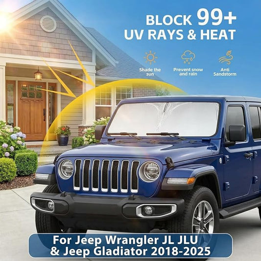 Windshield Sun Shade for Jeep Wrangler JL JLU & Jeep Gladiator 2018-2025 2026 Front Window Shade Custom Fit Sun Visor Foldable Shade Blocks UV Rays Summer Must Have Car Accessories