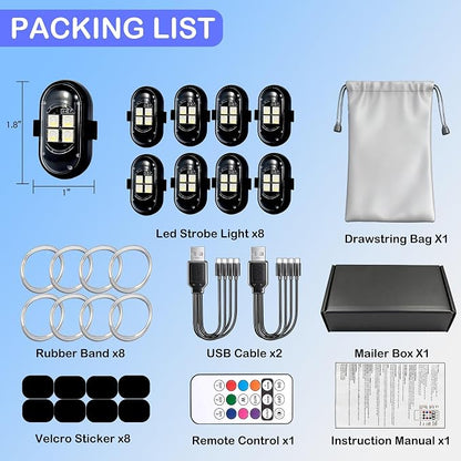 Wireless LED Lights for Car 8 Pack Remote Strobe Warning Waterproof | USB C charging, adjustable 8 colors & 10 strobe flash modes, anti-collision, fits car, truck, motorcycle, bike, drone