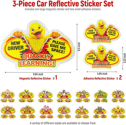 3 Pcs Reflective Student Driver Magnet and Stickers Set - Funny Animal New Driver Safety Signs for Car, Waterproof & Weatherproof High Visibility Vehicle Bumper Decals, Magnet + Stickers (Duck)
