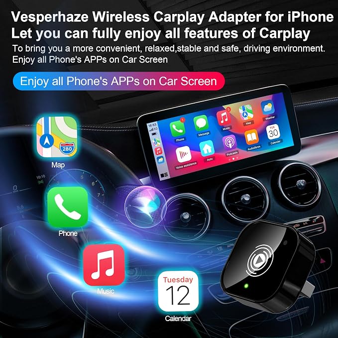 2025 Upgraded Wireless Carplay Adapter for iPhone, Plug&Play Auto-Connected Carplay Wireless Adapter Stable Fit for Cars-No Latency, BT5.3 CarPlay Dongle for Apple iPhone iOS 10+,Black