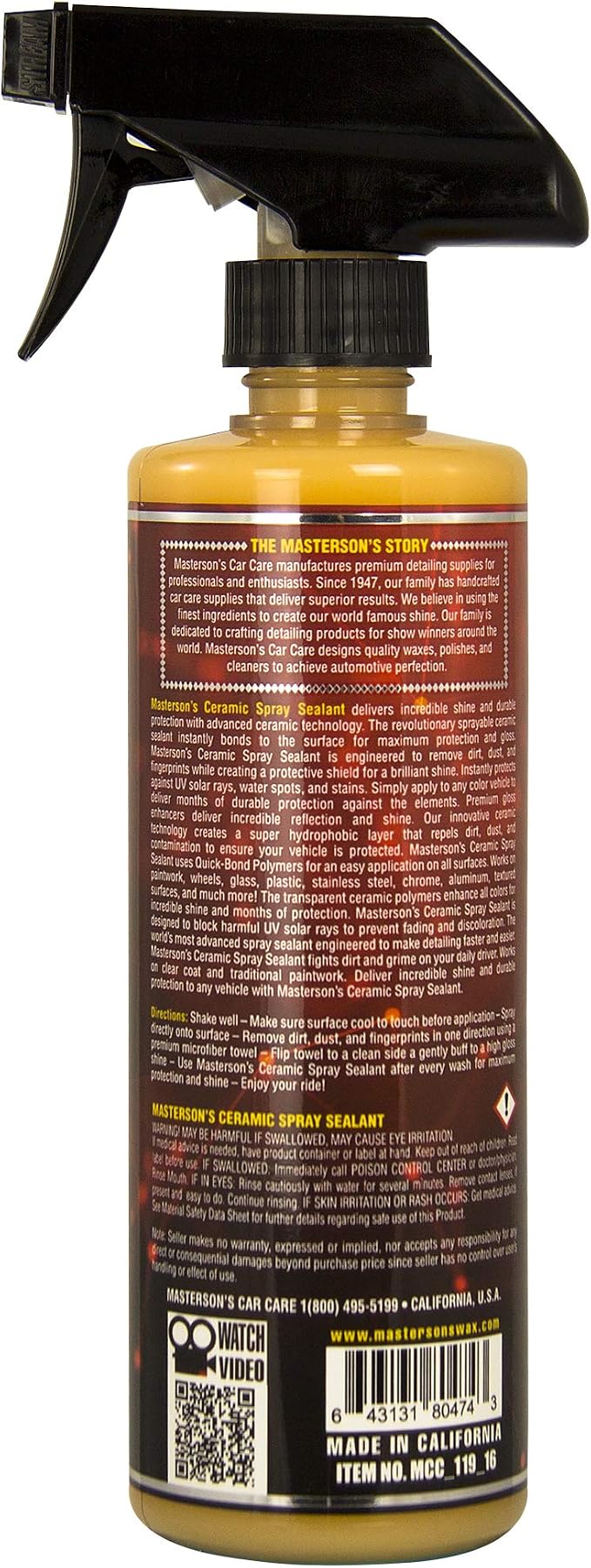 MASTERSON'S CAR CARE MCC_119 Ceramic Spray Sealant – Advanced Hydrophobic Sprayable Coating – Repels Water Spot and Dirt – Instant Showroom Shine (16 oz.)