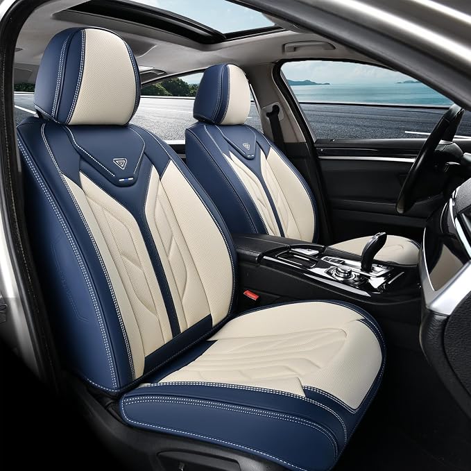 Coverado Car Seat Covers Front Seats Only, Leather Car Seat Protectors, Waterproof Seat Covers for Cars Auto Car Accessories Fit for Most Sedans SUV Pick-up Truck(Blue&Beige)