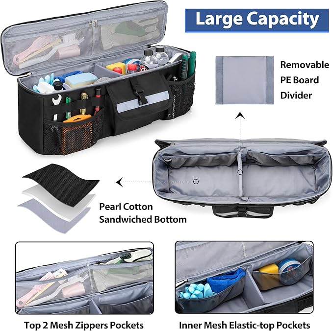 GRAOSO Car Trunk Organizer Compatible with Toyota FJ Cruiser 2007-2021, Rear Storage Bag with 3 Pieces of 1.5” Wide Hook&Loop Tapes, 2 Adjustable Hanging Loops, Multiple Pockets, Black