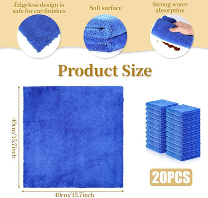 20 Pcs Car Microfiber Towels Premium Ultra Soft Car Detailing Towel Cloths Edgeless Microfiber Plush Towels for Cars Wash, Home Cleaning & Pet Drying Cloths, 16 Inch x 16 Inch, Dark Blue
