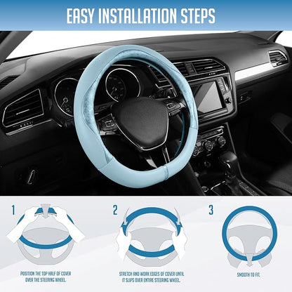 PIC AUTO Steering Wheel Cover, Light Blue Patterned Leather Patchwork Design, Universal Fit 14.5"–15.5" D-Shape Steering Cover, Soft PU Grain Leather, Durable Grip Car Accessory for Girls & Women