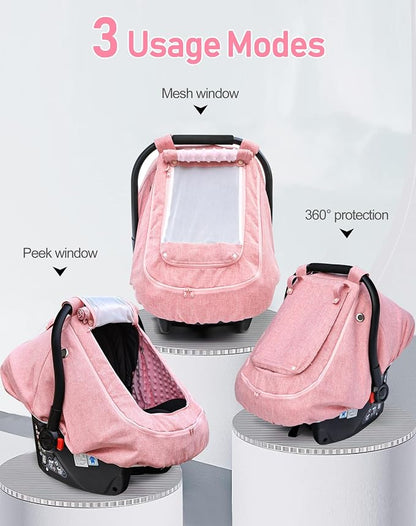 Waterproof Baby Car Seat Cover，YVMVDV Patented Pink Cold Weather Carseat Cover for Babies,Infant Car Seat Cover Canopy for Girls, Windproof Car Seat Canopy for Girls, Keeps Babies Warm and Cozy