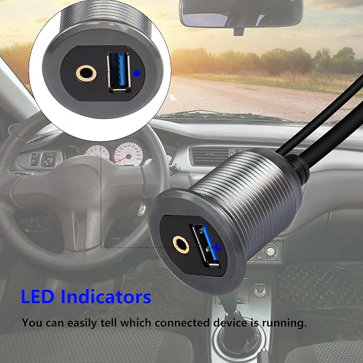SinLoon USB 3.0 & 3.5mm Car Mount Flush Cable 3.3FT USB 3.0 Flush Mount Cable AUX Extension Dash Panel Waterproof Mount Cable for Car, Boat, Motorcycle