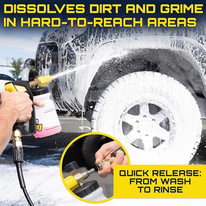 Clean Car USA Foam King Foam Cannon for Pressure Washer, Car Wash Soap Sprayer with 1/4" Quick Connector, Wide-Neck Bottle, Adjustable Snow Foam Blaster for Auto Detailing, Trucks, Motorcycles & More
