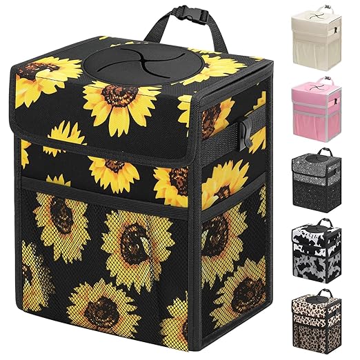 Capolo Car Trash Can with Lid, Leakproof Car Trash Bag Hanging Waterproof Automotive Garbage Can with Storage Pockets Mini Vehicle Trash Bin for Back/Front Seat(Sunflower,2.5 Gallon)