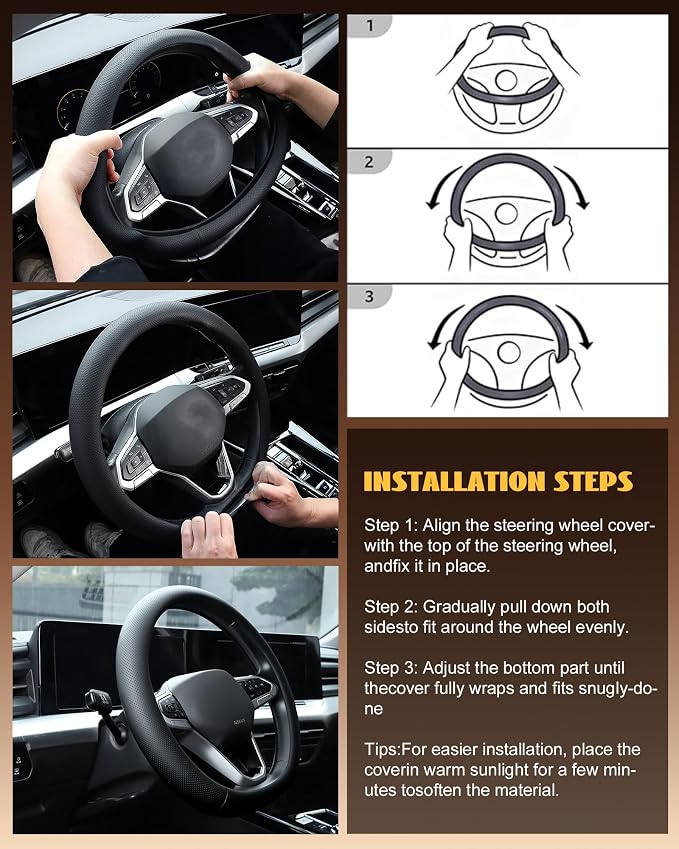 Car Leather Steering Wheel Cover, Premium Nappa Leather with Anti-Slip Lining, Universal 15 Inch, Perforated Breathable Design, Black
