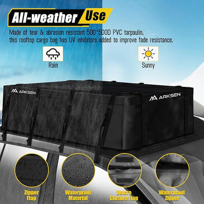 ARKSEN Extra-Wide 42 Cubic Feet Waterproof Rooftop Cargo Carrier Bag Heavy Duty Car Roof Rack Bag for Full-Size Cars w/ 8 Door Hook Straps +1 Combination Lock, 12 Reinforced Straps & Anti-Slip Mat