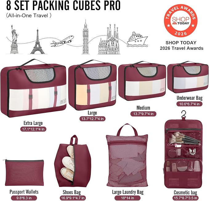 Veken 8 Set Packing Cubes for Travel Essentials,Anti-Wrinkle Buckled Suitcase Organizer for Shoe & Toiletry Bag,Carry On Luggage Bag with 99+ Count Mesh Holes for Airplane & College Dorm Accessories