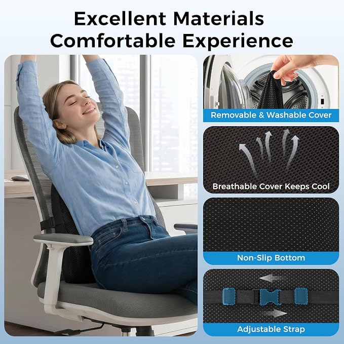 Lumbar Support Pillow for Car & Office Chair - High-Density Memory Foam Back Cushion for Sciatica & Lower Back Pain Relief - Non-Slip Support for Long Commutes & Desk Workers (Black)