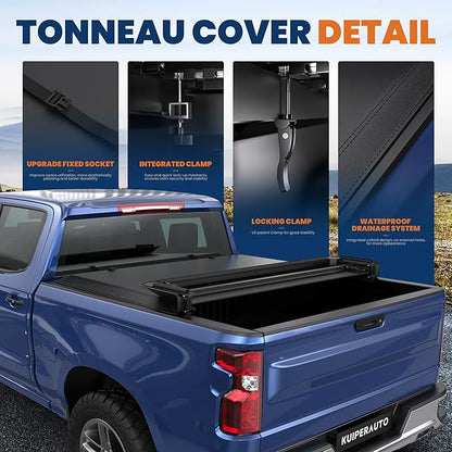 KUIPERAUTO Quad Soft 6.5FT Truck Bed Tonneau Cover Compatible for 88-07 Chevy Chevrolet Silverado/GMC Sierra 1500 2500 3500 HD (07 Classic & New Body Only) Fleetside On Top -78 Inch