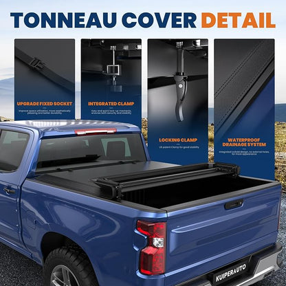 KUIPERAUTO Soft Tri-Fold 5.8FT Truck Bed Tonneau Cover Compatible with 2007-2013 Chevy Silverado 1500/GMC Sierra 1500 Fleetside Short Bed On Top 69.6 Inch