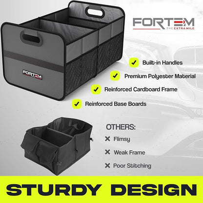 FORTEM Car Trunk Organizer, Collapsible Two Compartment Organizer, Foldable SUV & Truck Storage for Car Accessories for Women Men, Non Slip Bottom, Sturdy Side Walls, Strong Handles, 45L