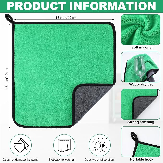 Tallew 12 Pcs Microfiber Towels for Cars, 800 GSM Plush Drying Cleaning Cloth Bulk, 16 x 16 Inch Thick Absorbent Wash Detailing Towels for Car Polishing, House, Kitchen Cleaning(Green)