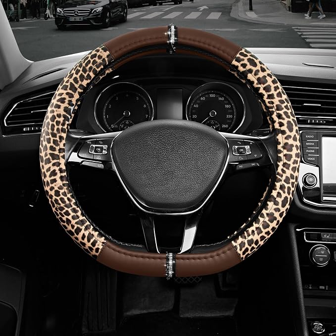 Road Comforts Leopard Steering Wheel Cover for Women, Cute Anti-Slip Microfiber Leather, Fits D Shape Flat Bottom Steering Wheel 14.5-15 Inch - Brown