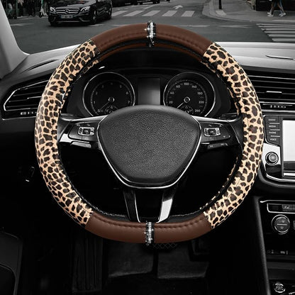Road Comforts Leopard Steering Wheel Cover for Women, Cute Anti-Slip Microfiber Leather, Fits D Shape Flat Bottom Steering Wheel 14.5-15 Inch - Brown