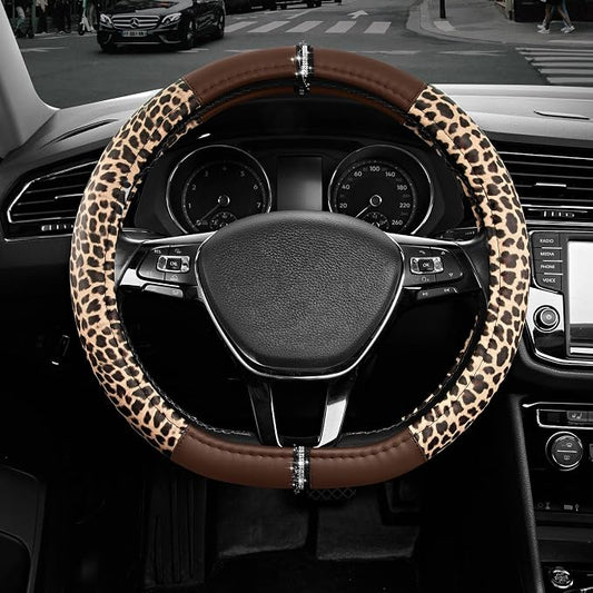 Road Comforts Leopard Steering Wheel Cover for Women, Cute Anti-Slip Microfiber Leather, Fits D Shape Flat Bottom Steering Wheel 14.5-15 Inch - Brown