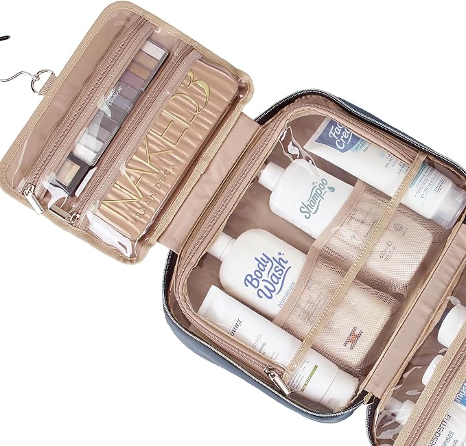 NISHEL Travel Toiletry Bag for women, Portable Hanging Organizer for Full-Sized Shampoo, Conditioner, Brushes Set, Makeup Accessories, Large Size, Aegean-Blue