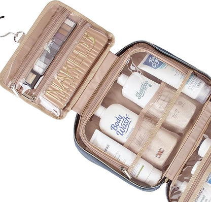 NISHEL Travel Toiletry Bag for women, Portable Hanging Organizer for Full-Sized Shampoo, Conditioner, Brushes Set, Makeup Accessories, Large Size, Aegean-Blue