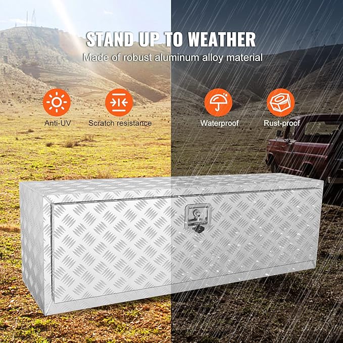 VEVOR Underbody Truck Box, 48"×17"×18" Pickup Storage Box, Heavy Duty Aluminum Diamond Plate Tool Box with Lock and Keys, Waterproof Trailer Storage Box with T-Handle Latch for Truck, Van, Trailer