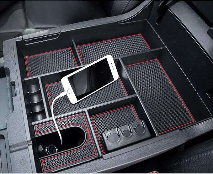 JDMCAR Compatible with Toyota Tundra Accessories 2014-2021 Center Console Organizer, Insert ABS Black Materials Tray, Armrest Secondary Storage Box - Full Tray -Red Trim