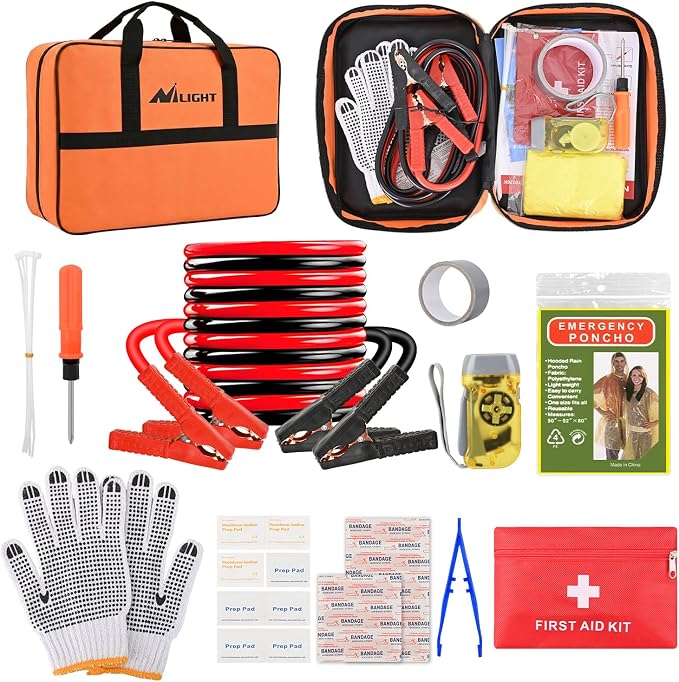 Nilight Car Emergency Kit with Jumper Cable, First Aid Kit Safety Assistance Tools for Travel Camping Outdoor Cars Truck SUV RV, Roadside Essentials with Flash Light