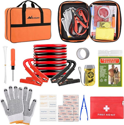 Nilight Car Emergency Kit with Jumper Cable, First Aid Kit Safety Assistance Tools for Travel Camping Outdoor Cars Truck SUV RV, Roadside Essentials with Flash Light