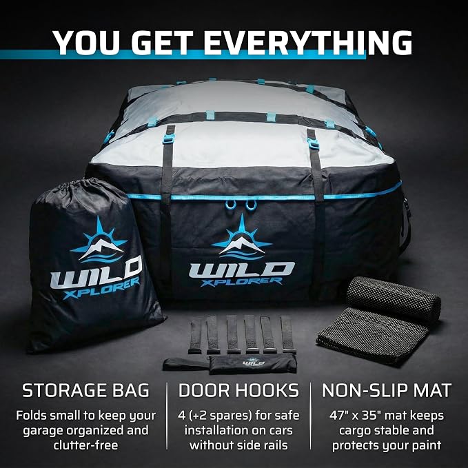 Rooftop Cargo Carrier - 19 Cubic Feet (XL), Waterproof Soft Shell Car Roof Cargo Carrier, Heavy Duty Car Top Luggage Cargo Bag with Patented Door Hooks and Non-Slip Mat