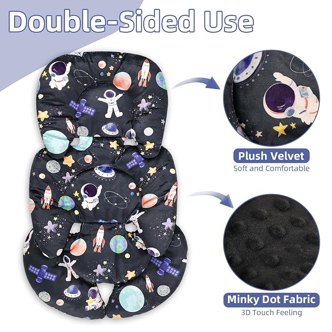 Infant Car Seat Insert Cushion, Baby Car Seat Head Body Support for Girls & Boys, Reversible Newborn Car Seat Insert with 2 Extra Strap Paddings, Premature Car Seat Cushion, Black Space