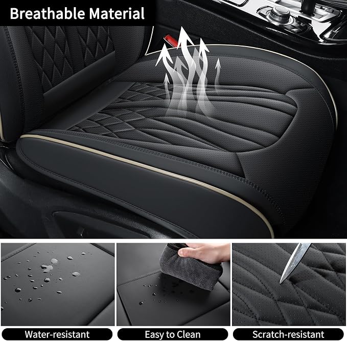 MINGBRON Leather Car Seat Covers 5 Pieces, Full Set Universal Seat Covers for Cars, Waterproof Nappa Leather Auto Seat Protectors, Black Car Seat Cover Most Sedans SUV Pick-up Truck Black&BeigeLine